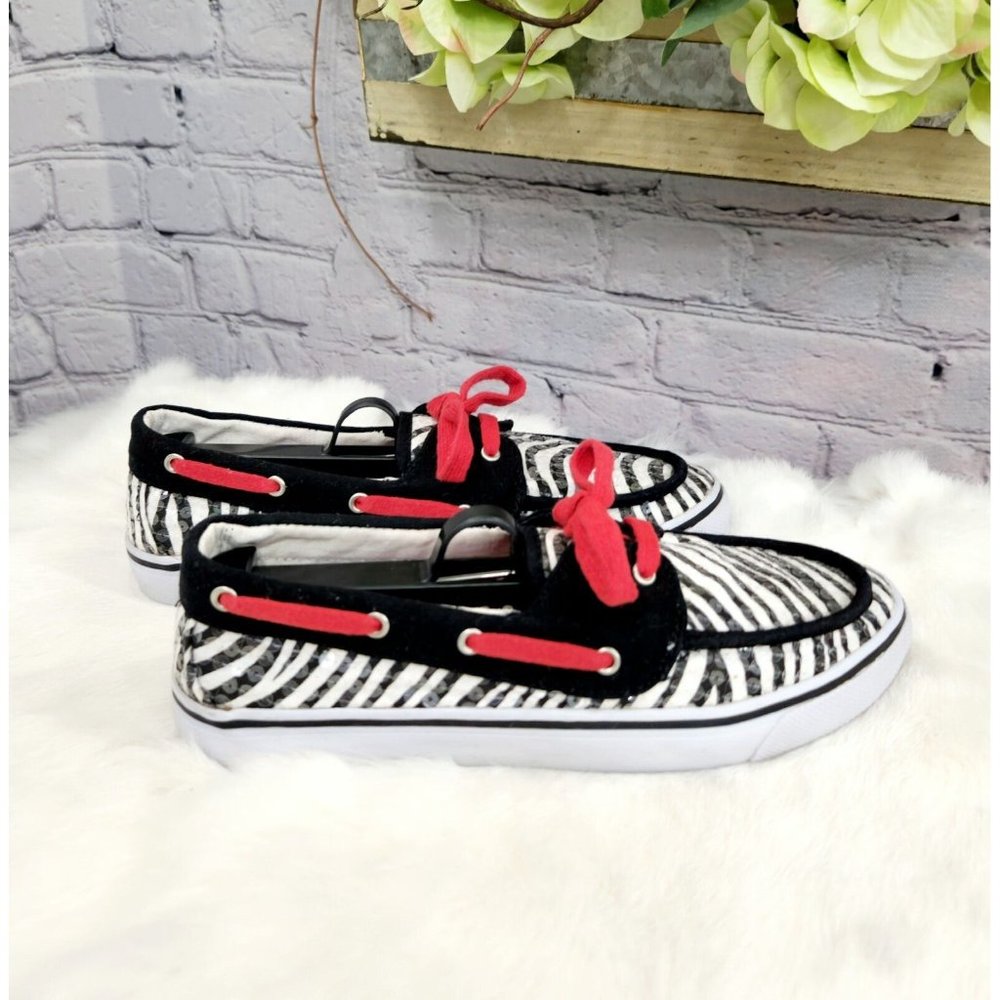 BLUE FIN Sequined Slip-On Boat Shoes Zebra Print Sz 7 EUC!!